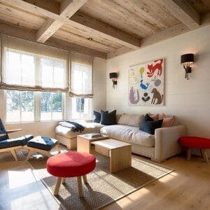 White Couch With white walls and wooden ceiling